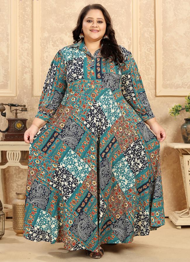 Rayon Teal Casual Wear Printed Plus Size Gown